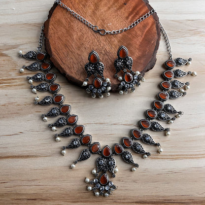 Fashion - Classic Mango Motifs Orange Oxidized Necklace Set