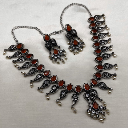 Fashion - Classic Mango Motifs Orange Oxidized Necklace Set