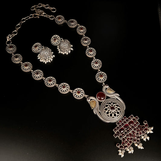 Fashion - Designer, Peacock Design Festive Style Ruby Pink Color Oxidized Necklace Set With Oxidized Silver Tone Plating