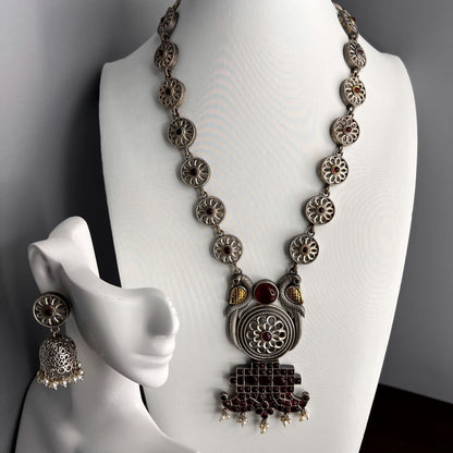 Fashion - Exclusive Peacock Design Ruby Pink Oxidized Long Necklace Set