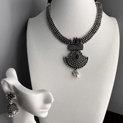 Fashion - Classic Style Ruby Pink Oxidized Necklace Set