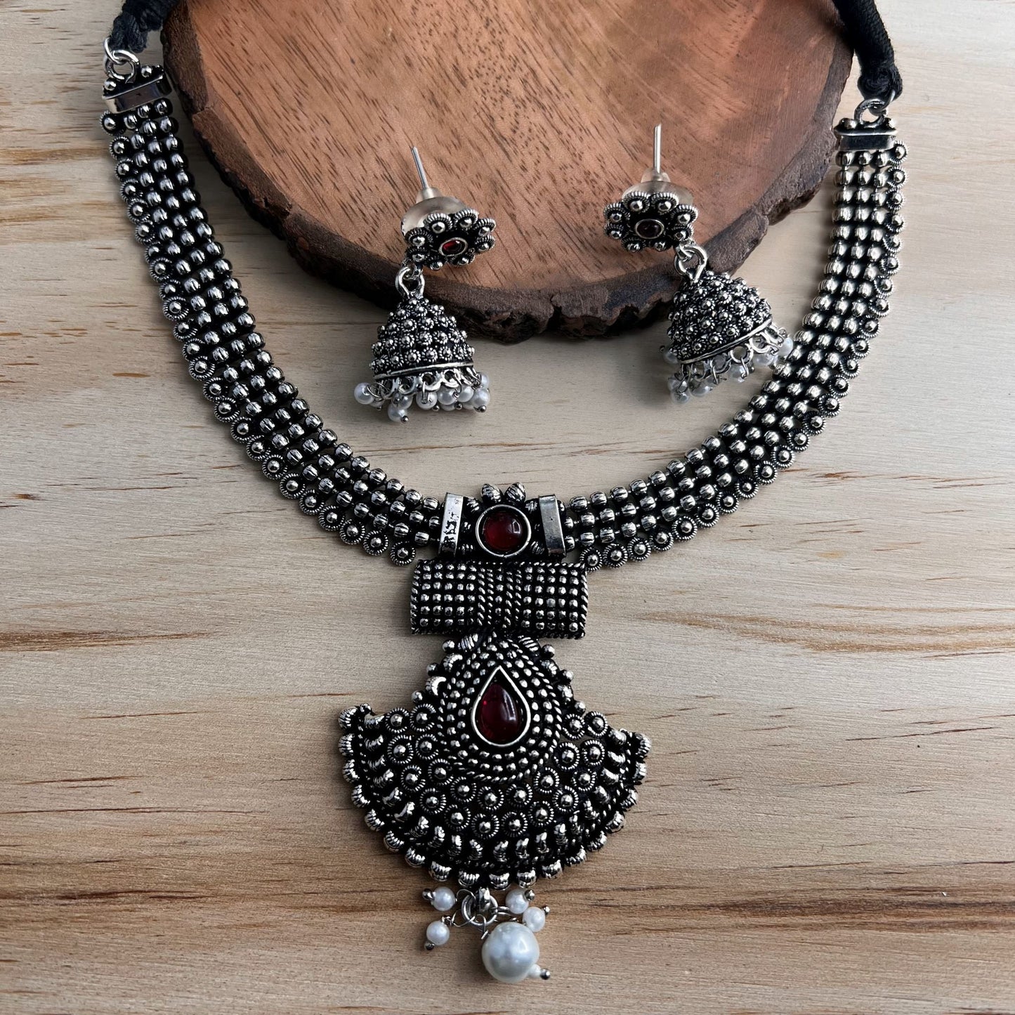 Fashion - Classic Style Ruby Pink Oxidized Necklace Set