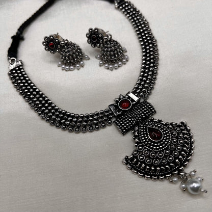 Fashion - Classic Style Ruby Pink Oxidized Necklace Set