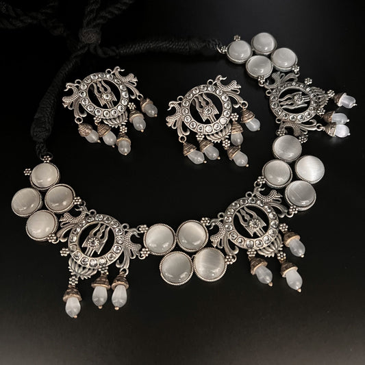 Fashion - Peacock Design Classic Style White Color Oxidized Necklace Set With Oxidized Silver Tone Plating