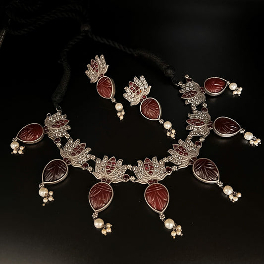 Fashion - Designer Lotus Design Classic Style Dark Red Color Oxidized Necklace Set With Oxidized Silver Tone Plating