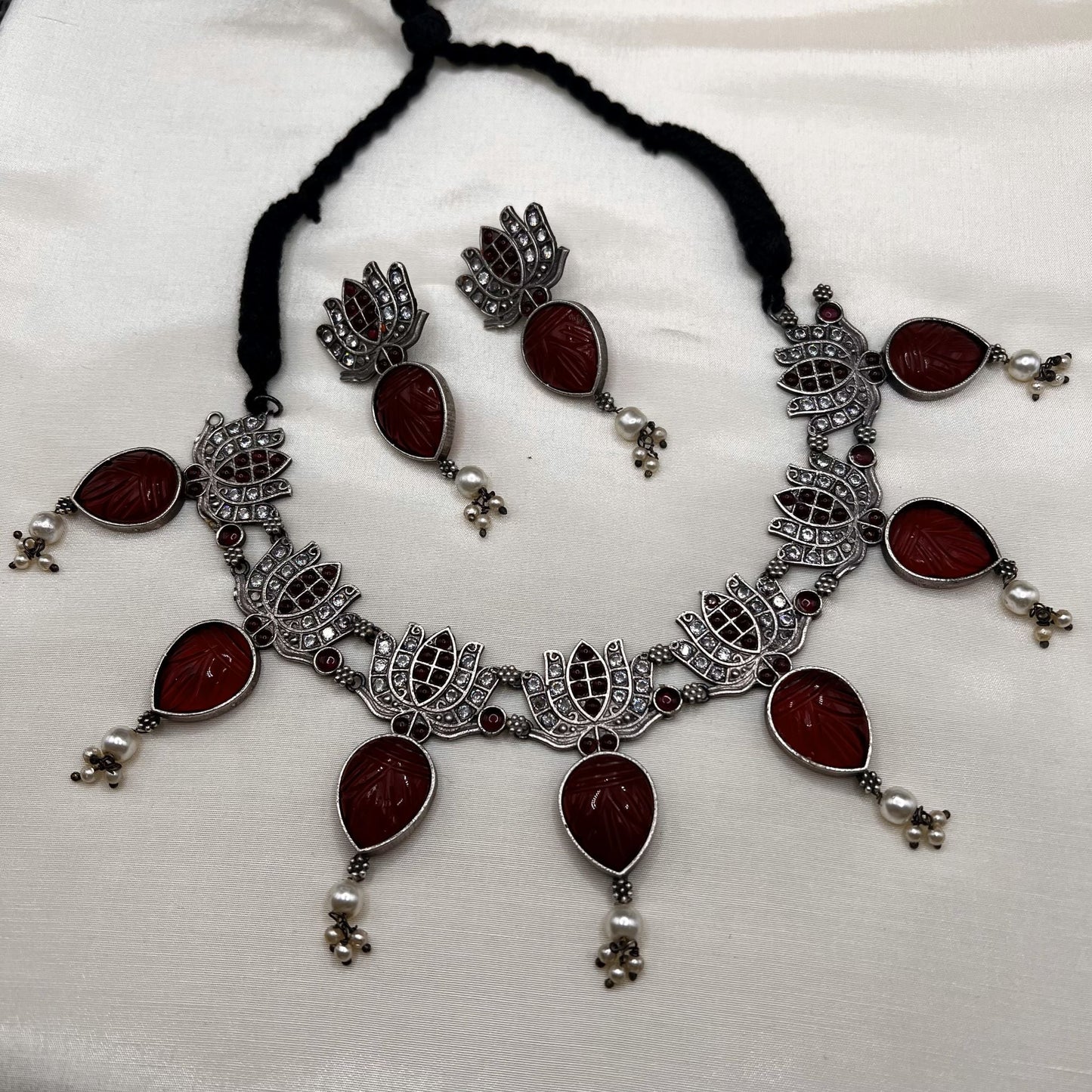 Fashion - Designer Lotus Design With Carvings Dark Red Oxidized Necklace Set