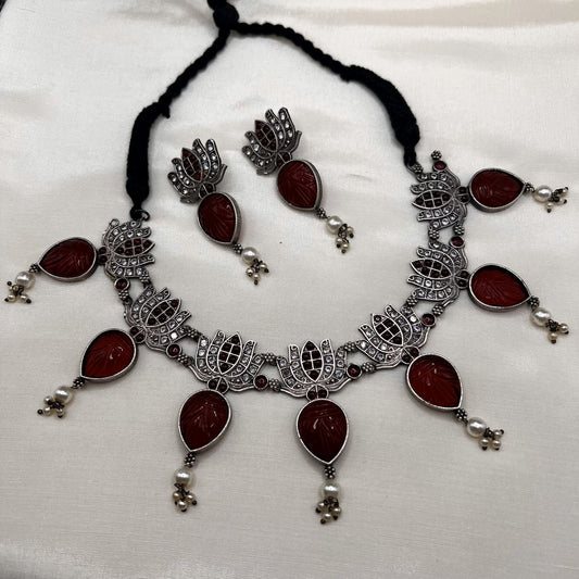 Fashion - Designer Lotus Design With Dark Red Carved Stone Oxidized Necklace Set