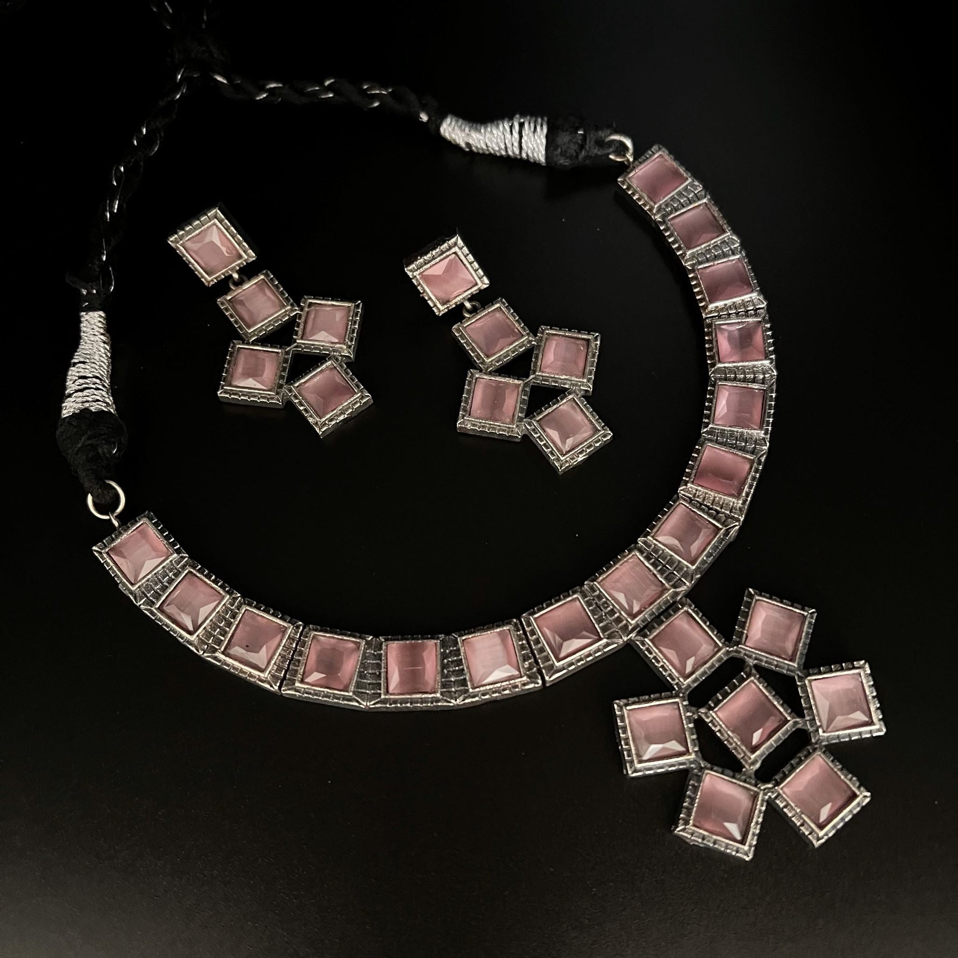 Fashion - Trendy Style Pink Color Oxidized Necklace Set With Oxidized Silver Tone Plating