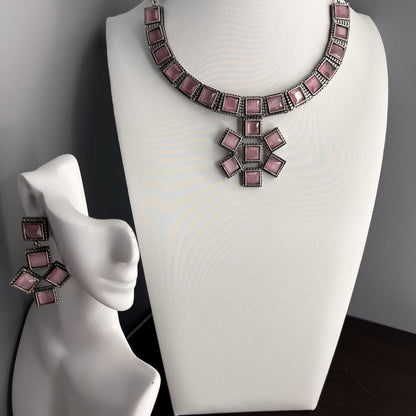 Fashion - Trendy Flower Shaped Pendant Pink Oxidized Necklace Set