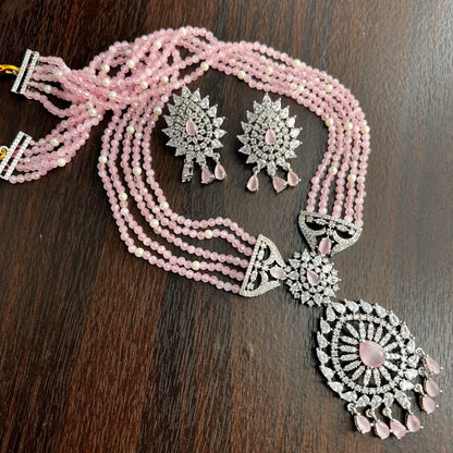 Fashion - Classic Style Pink Color AD/CZ, Bead Mix Necklace Set With Rhodium Plating