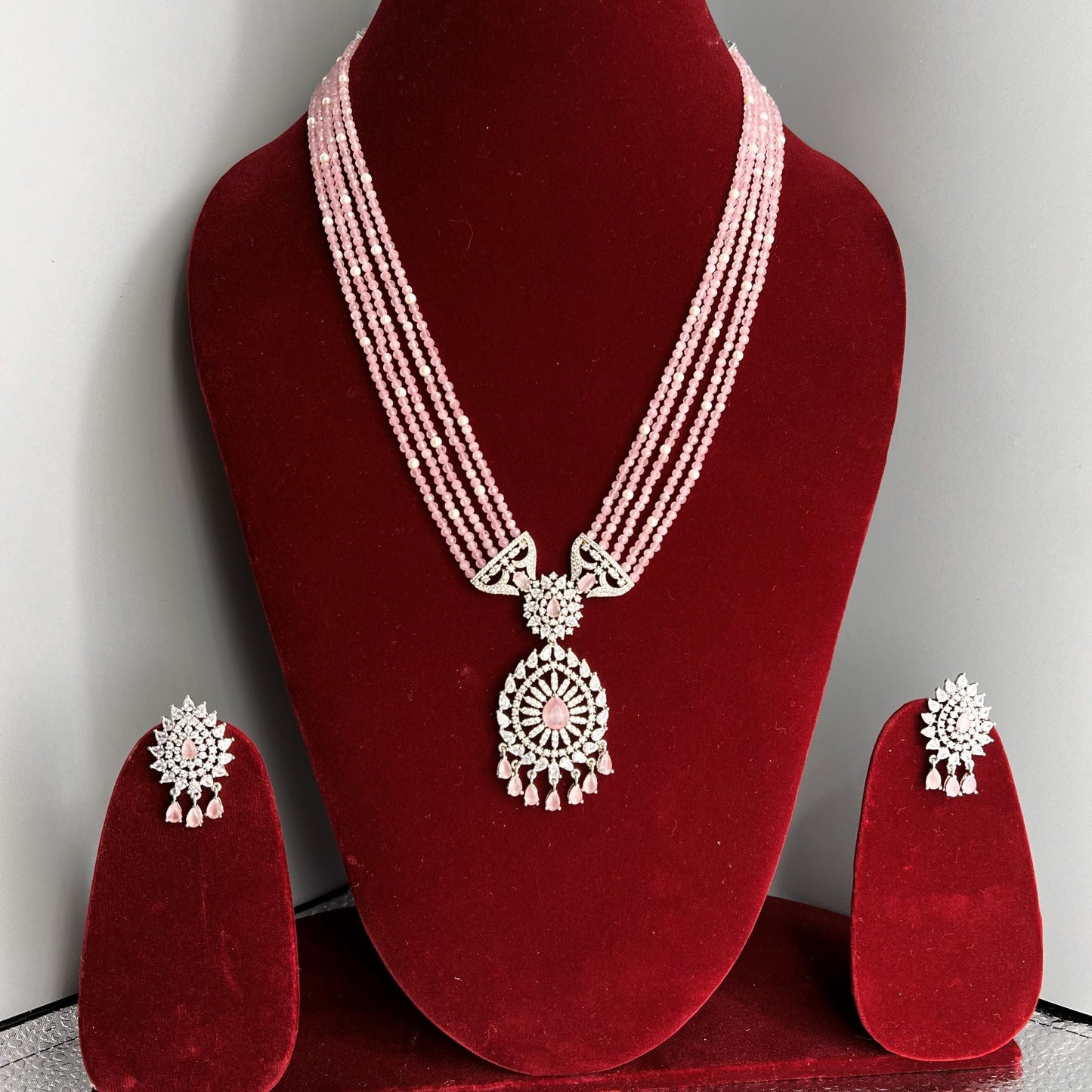 Fashion - Elegant Pink AD/CZ Stone, Bead Mix Necklace Set