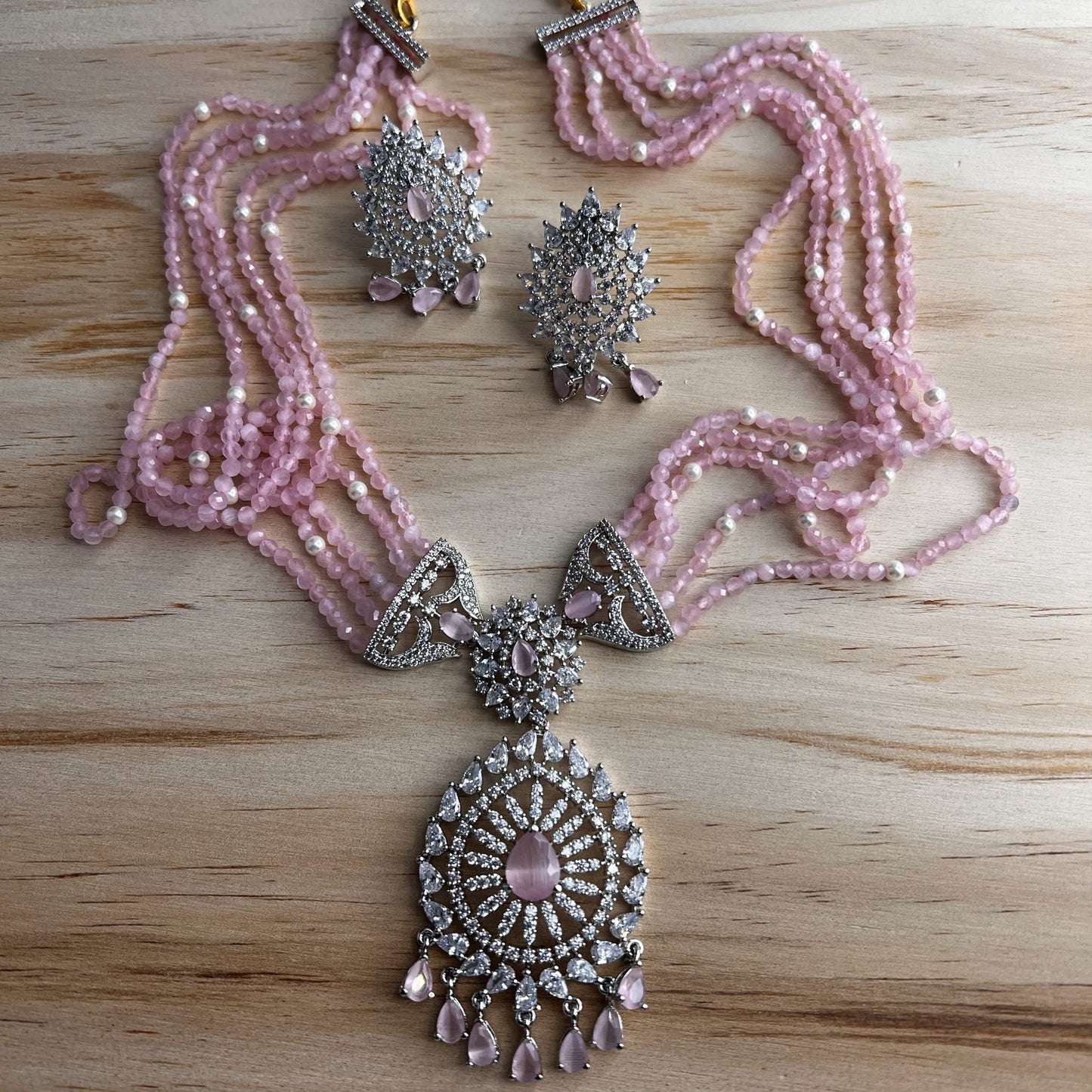 Fashion - Elegant Pink AD/CZ Stone, Bead Mix Necklace Set