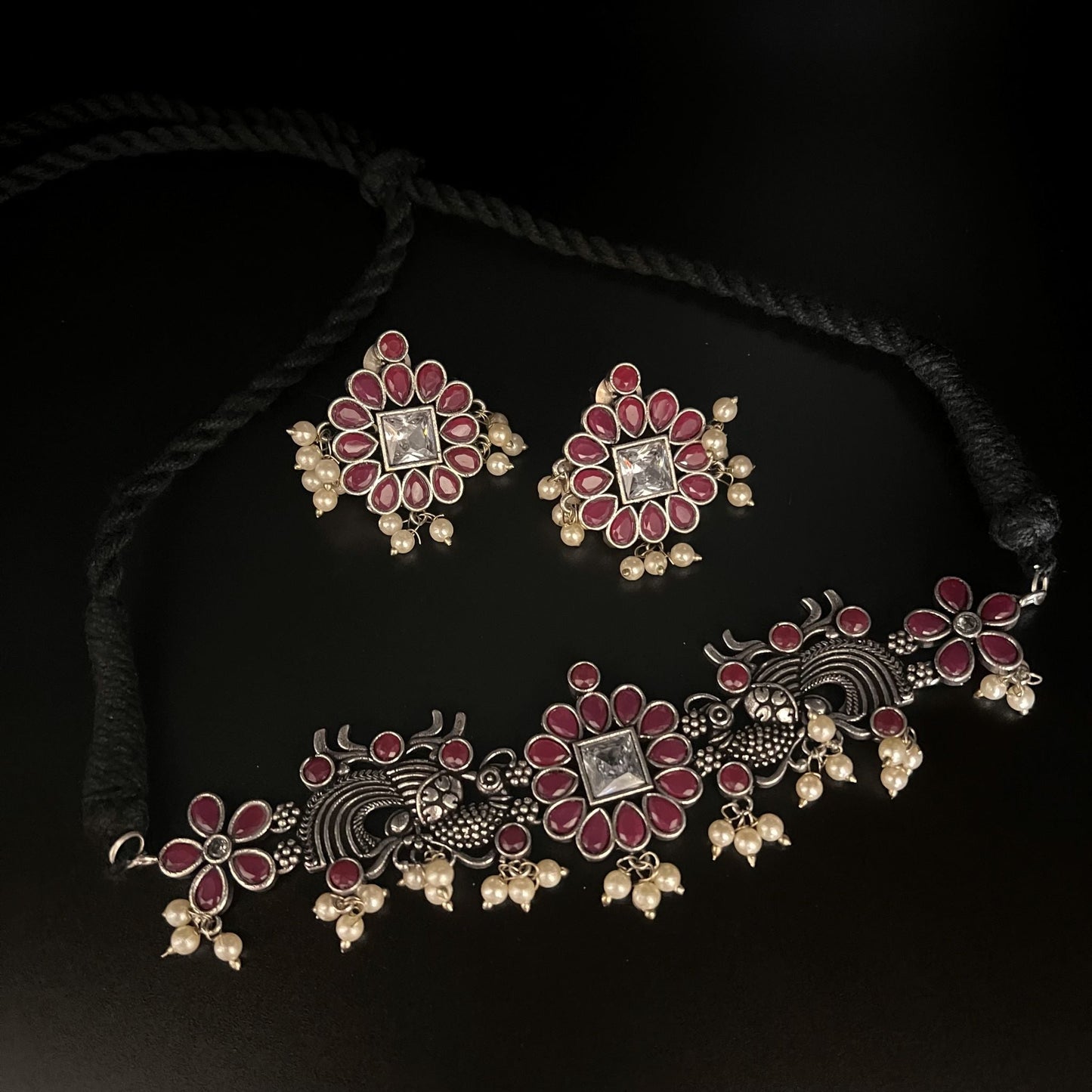 Fashion - Peacock Design Trendy Style Ruby Pink Color Oxidized Necklace Set With Oxidized Silver Tone Plating