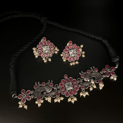 Fashion - Peacock Design Trendy Style Ruby Pink Color Oxidized Necklace Set With Oxidized Silver Tone Plating