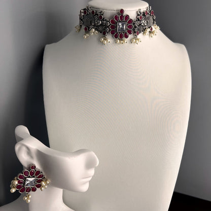 Fashion - Peacock Design Trendy Ruby Pink Color Oxidized Choker Necklace Set