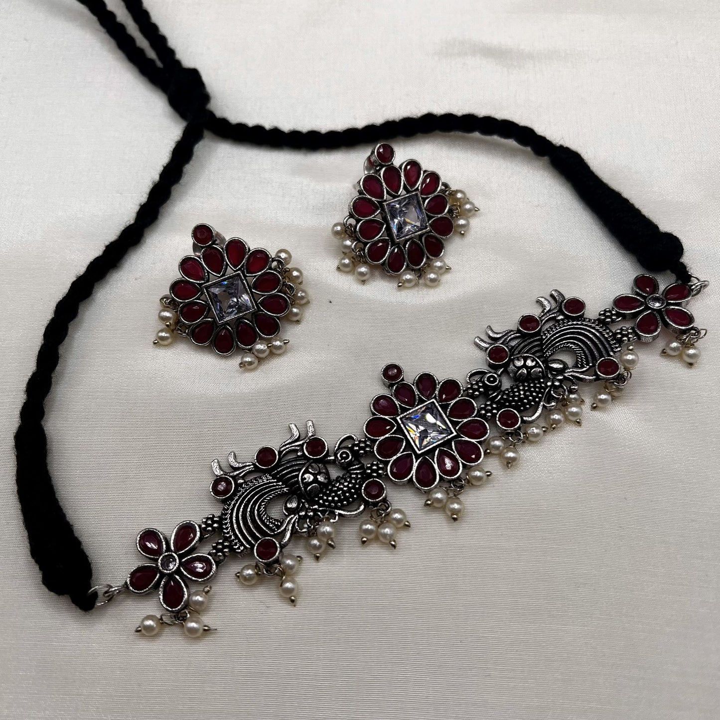 Fashion - Peacock Design Trendy Ruby Pink Color Oxidized Choker Necklace Set