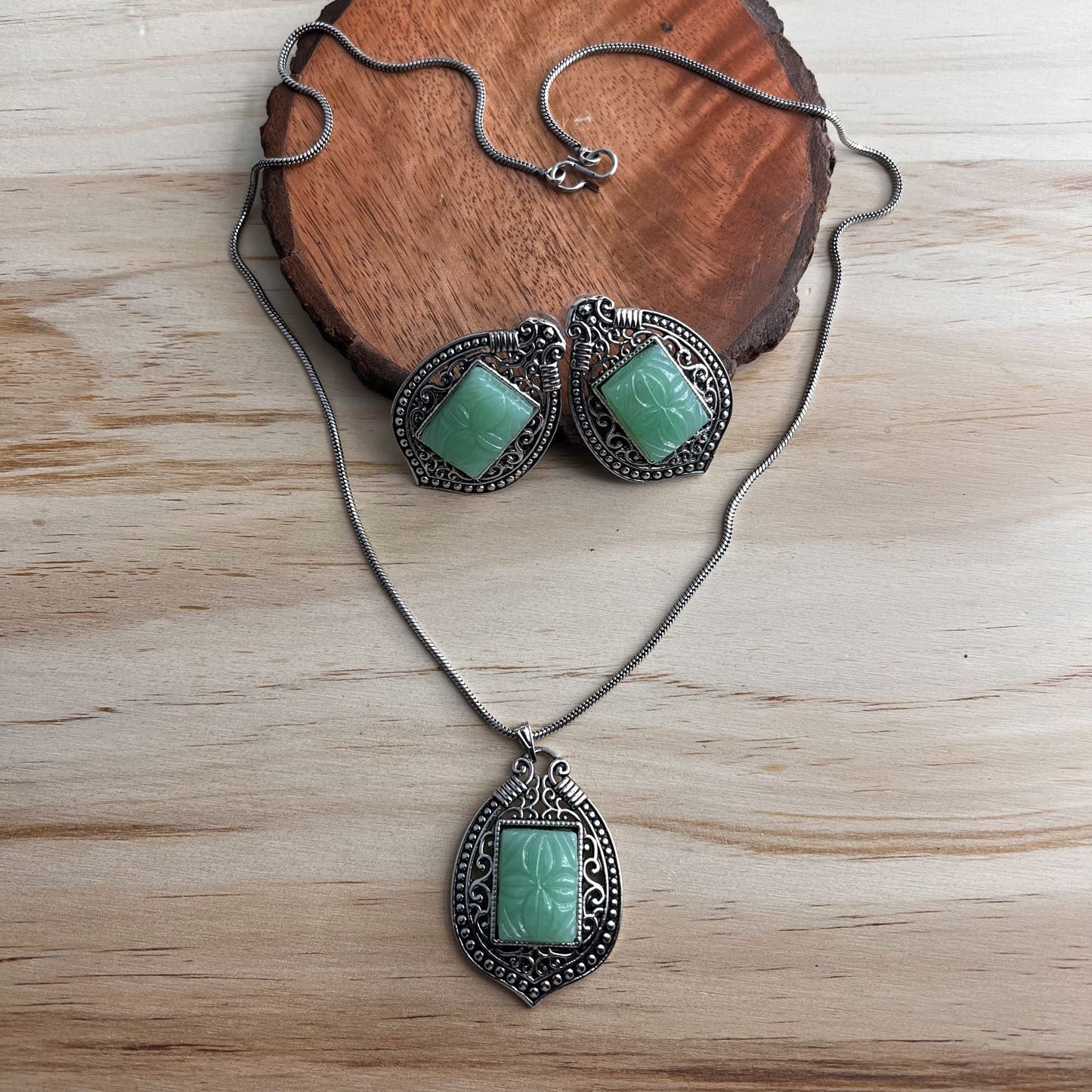 Fashion - Mint Green Oxidized Long Pendant Set