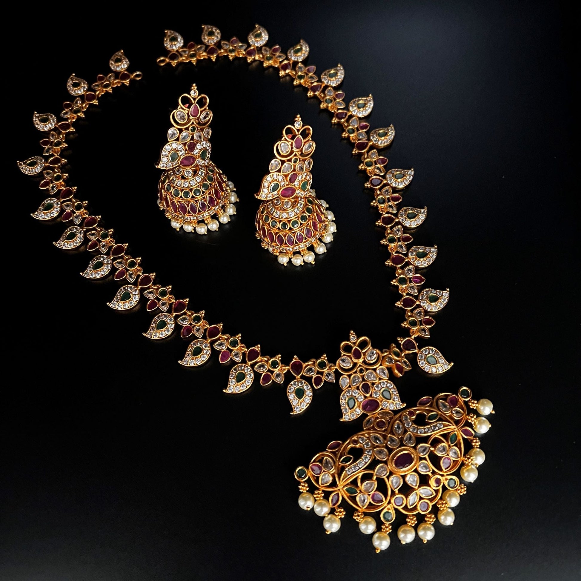 Fashion - Designer Festive Style Ruby Pink, Green Color Antique Traditional Necklace Set With Gold Tone Plating