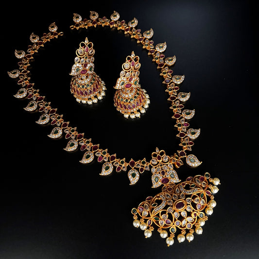 Fashion - Designer Festive Style Ruby Pink, Green Color Antique Traditional Necklace Set With Gold Tone Plating