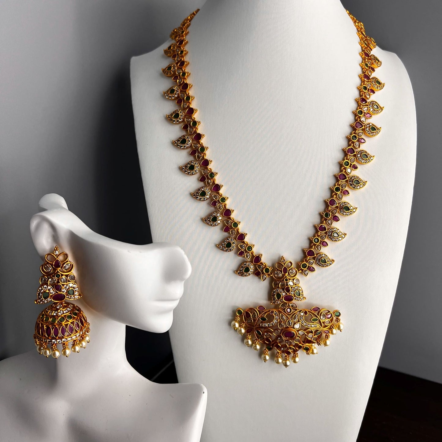 Fashion - Beautiful Mango Motif Designer Ruby Pink & Green Antique Traditional Necklace Set