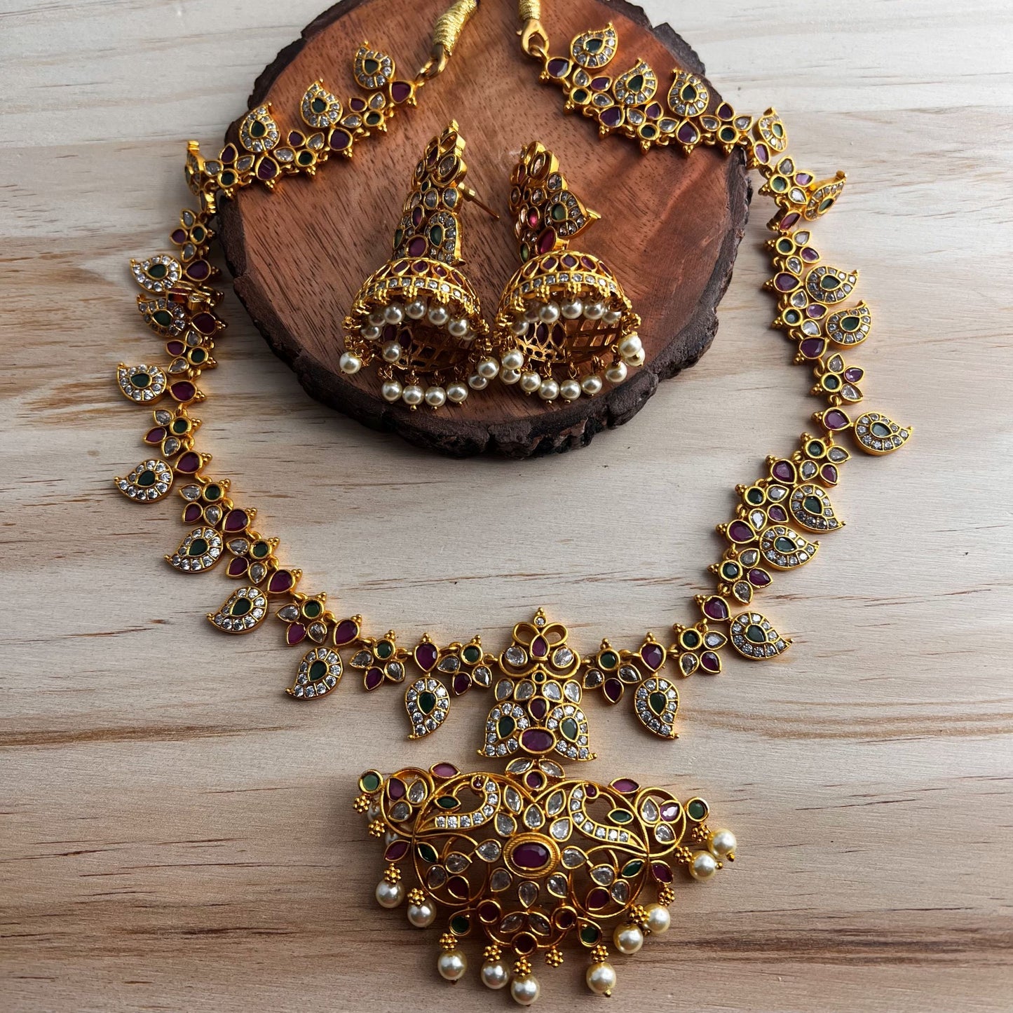 Fashion - Beautiful Mango Motif Designer Ruby Pink & Green Antique Traditional Necklace Set