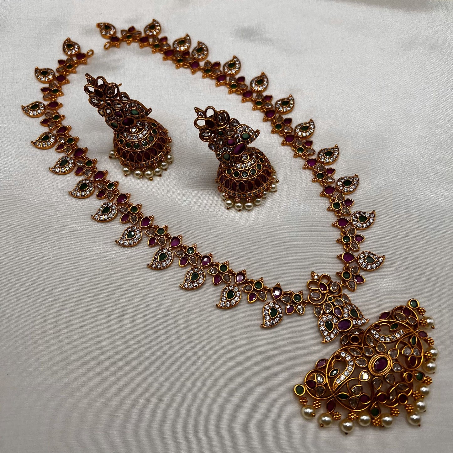 Fashion - Beautiful Mango Motif Designer Ruby Pink & Green Antique Traditional Necklace Set