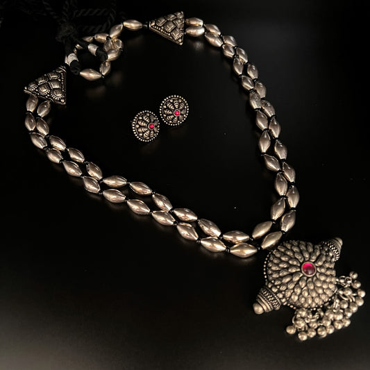 Fashion - Trendy Style Ruby Pink Color Oxidized Necklace Set With Oxidized Silver Tone Plating