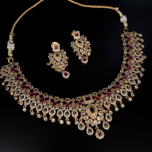 Fashion - Classic Style Ruby Pink, Green Color Antique Traditional, AD/CZ Necklace Set With Gold Tone Plating