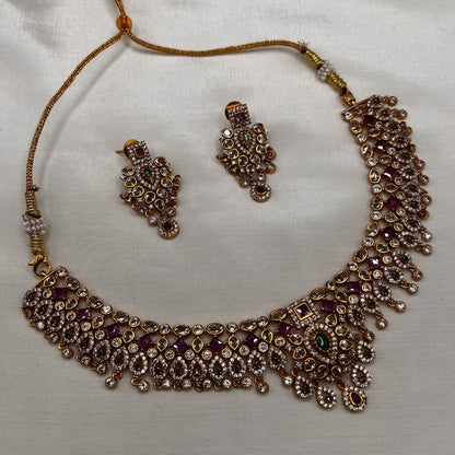 Fashion - Bestseller Classy Ruby Pink & Green Antique Traditional Necklace Set