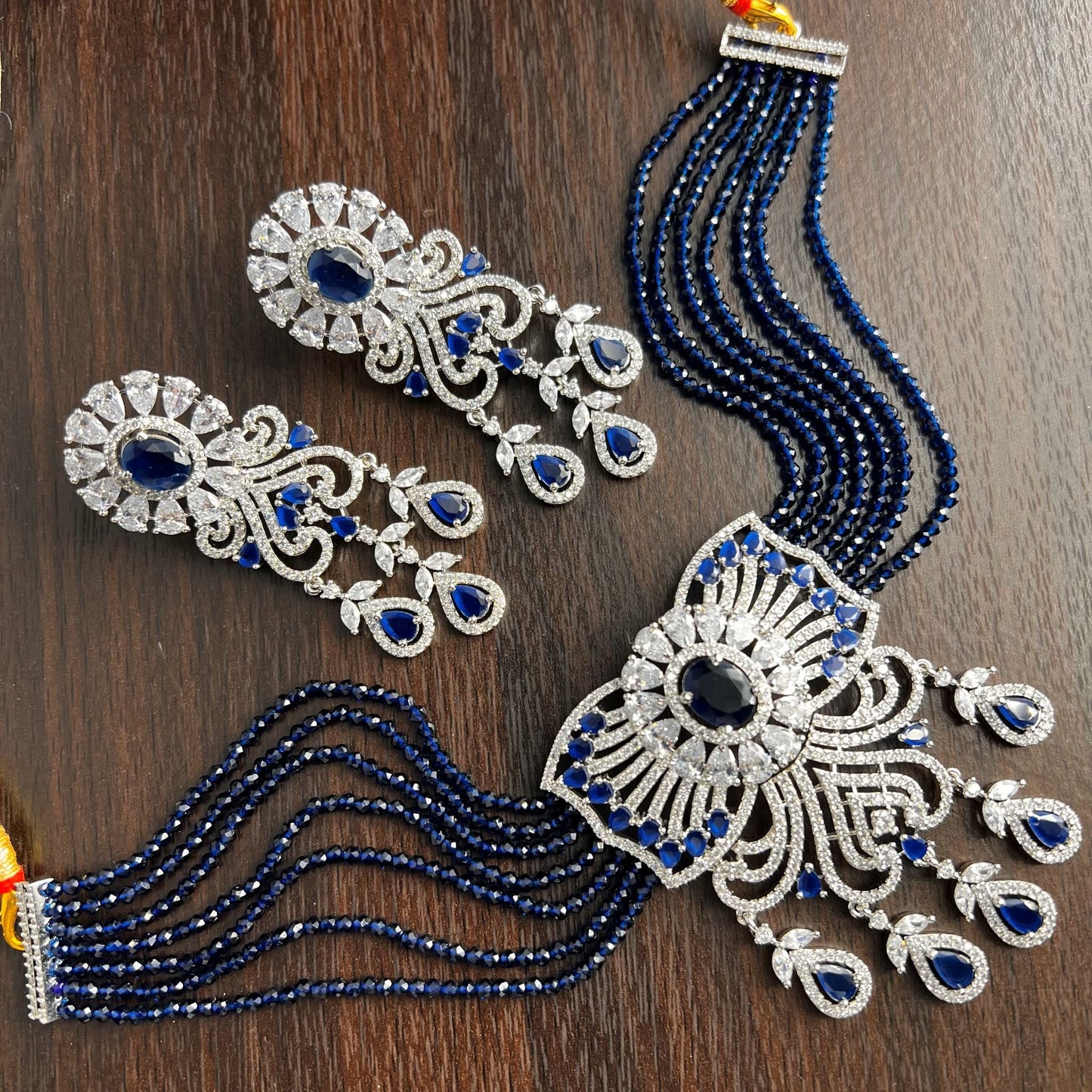 Fashion - Designer Trendy Style Navy Blue Color AD/CZ, Bead Mix Necklace Set With Rhodium Plating