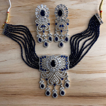 Fashion - Designer Eye Catching Navy Blue AD/CZ Stone, Bead Mix Choker Necklace Set