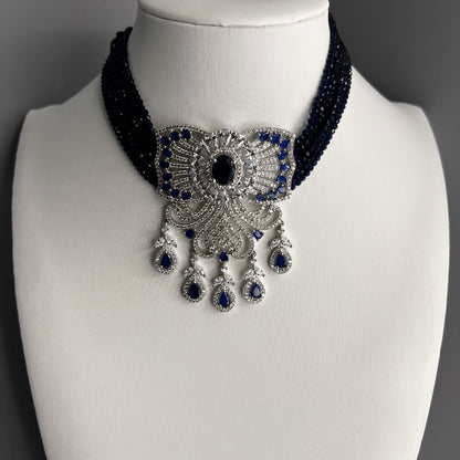 Fashion - Designer Eye Catching Navy Blue AD/CZ Stone, Bead Mix Choker Necklace Set