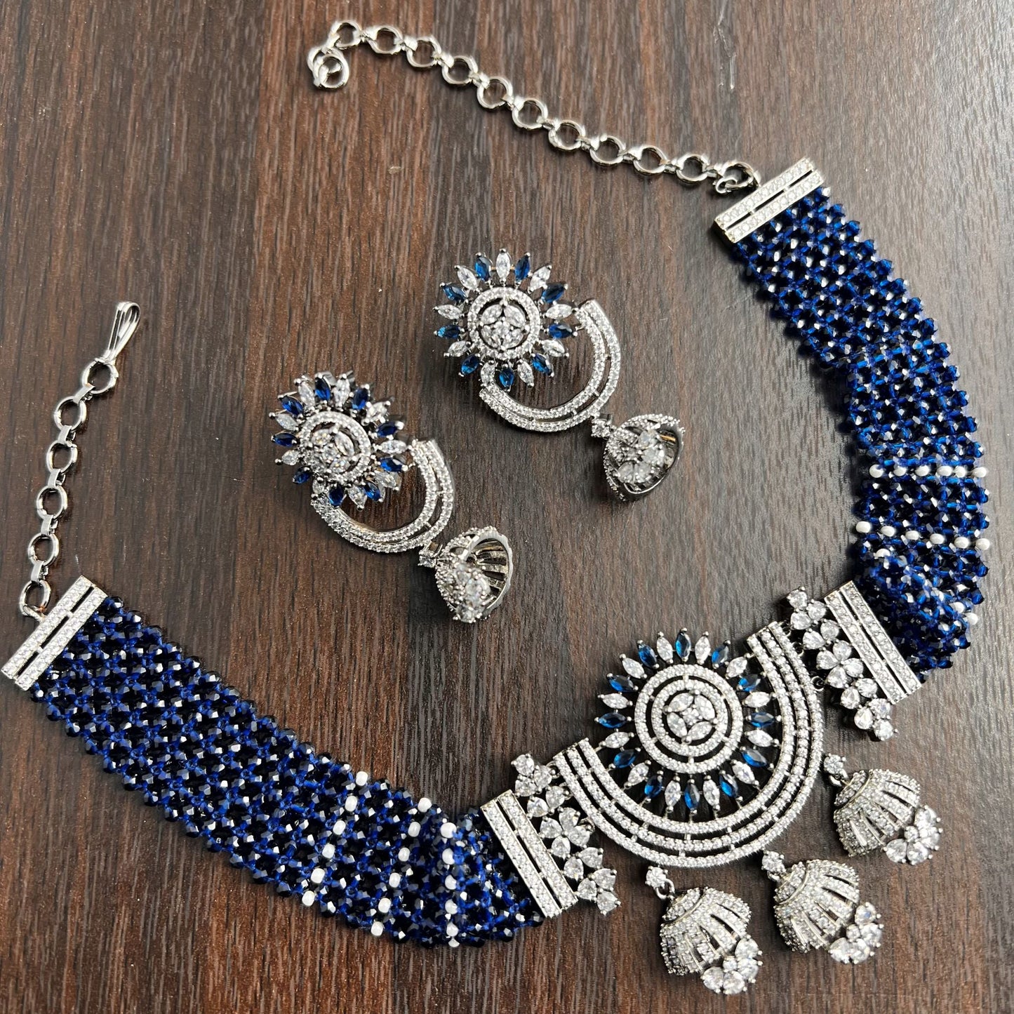 Fashion - Classic Style Navy Blue Color AD/CZ, Bead Mix Necklace Set With Black Plating