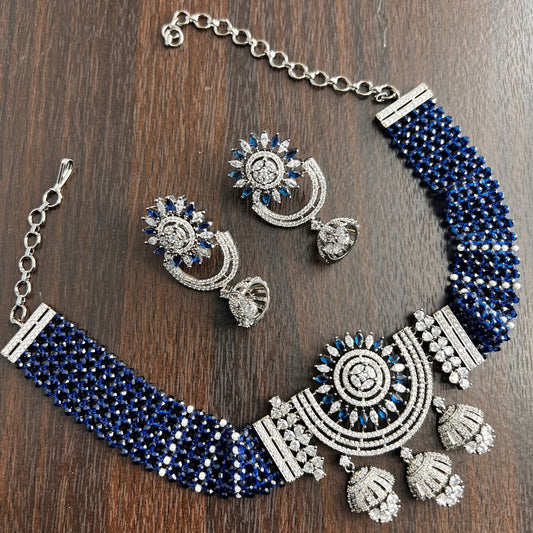 Fashion - Classic Style Navy Blue Color AD/CZ, Bead Mix Necklace Set With Black Plating