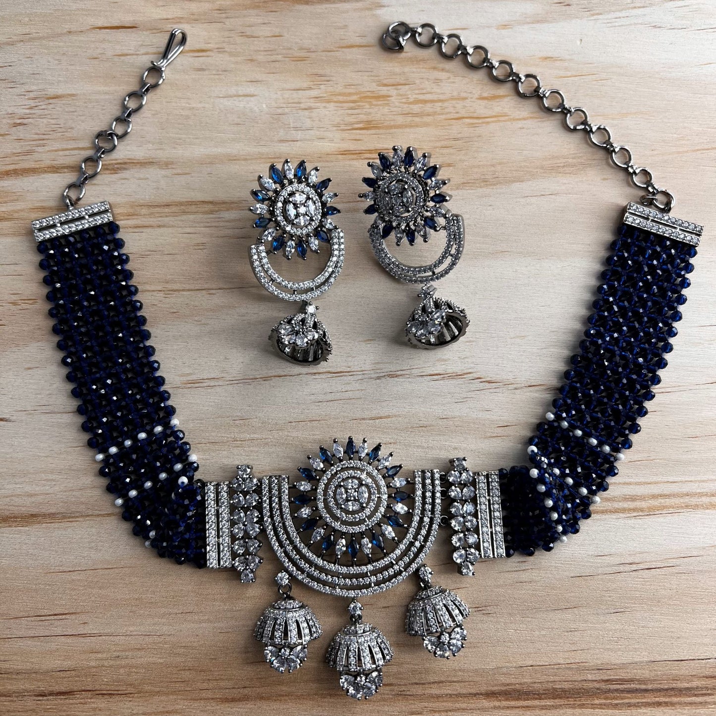 Fashion - Victorian Inspired Navy Blue AD/CZ Stone, Bead Mix Choker Necklace Set