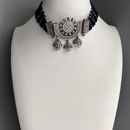 Fashion - Victorian Inspired Navy Blue AD/CZ Stone, Bead Mix Choker Necklace Set