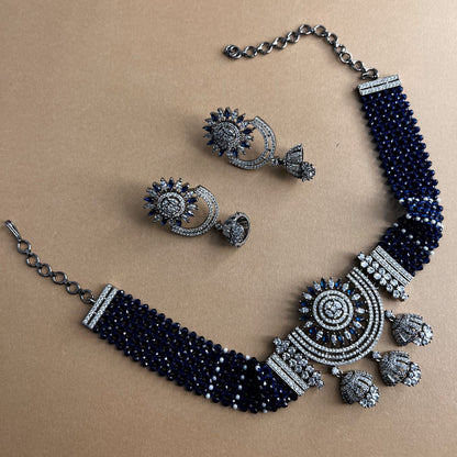 Fashion - Victorian Inspired Navy Blue AD/CZ Stone, Bead Mix Choker Necklace Set