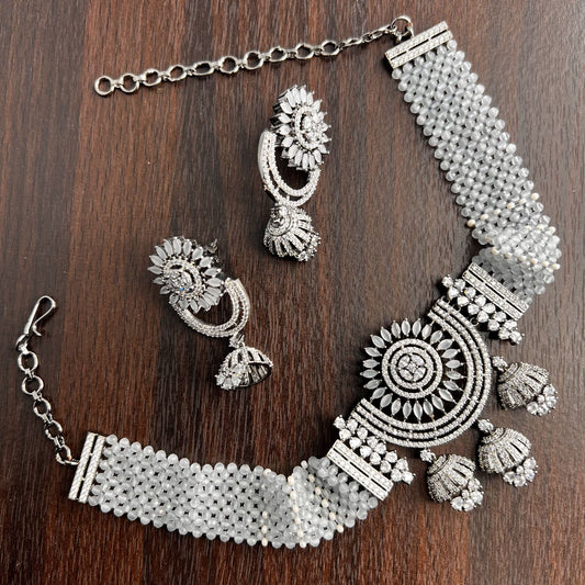 Fashion - Classic Style Grey Color AD/CZ, Bead Mix Necklace Set With Black Plating