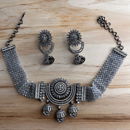 Fashion - Victorian Inspired Grey AD/CZ Stone, Bead Mix Choker Necklace Set