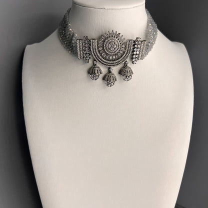 Fashion - Victorian Inspired Grey AD/CZ Stone, Bead Mix Choker Necklace Set