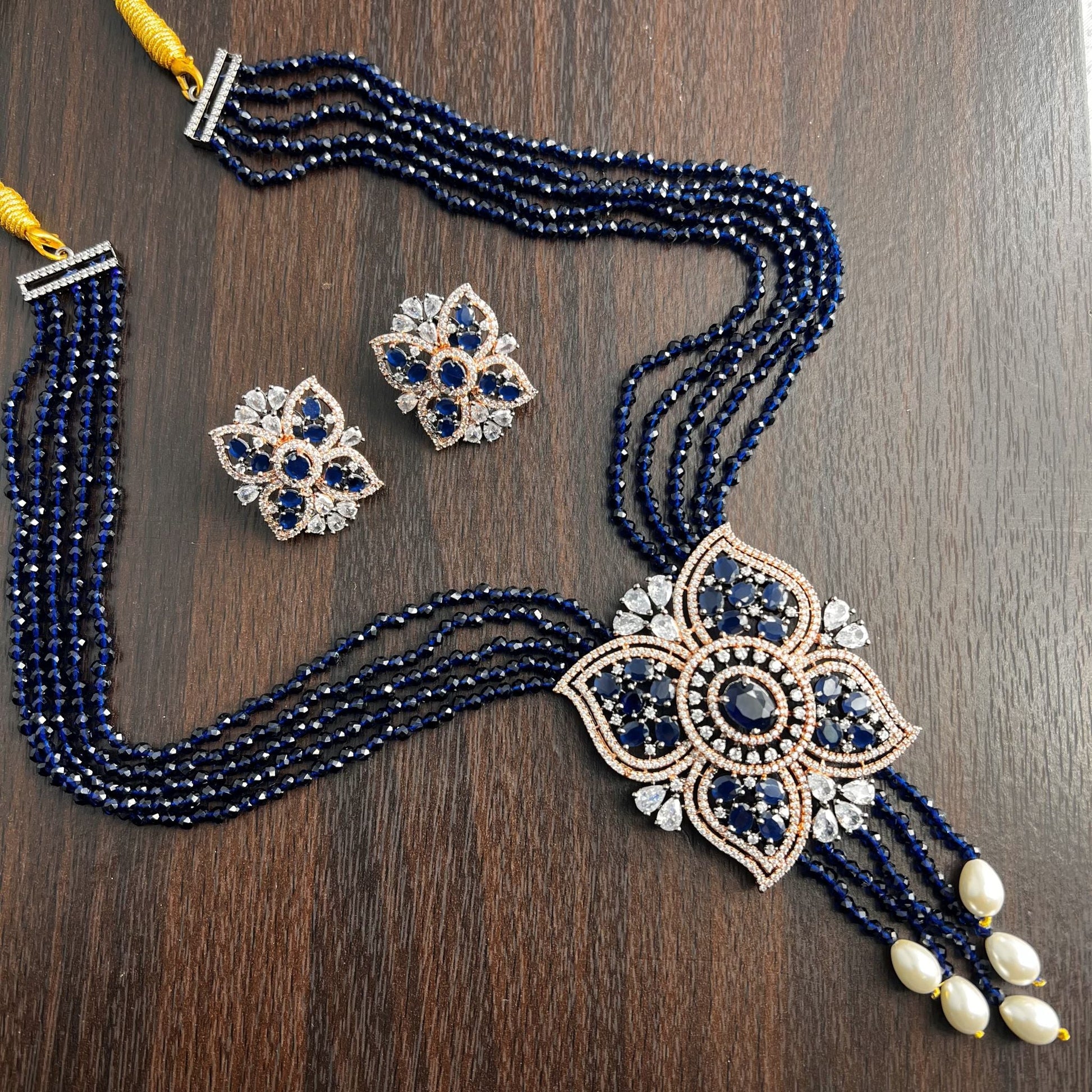 Fashion - Designer Trendy Style Navy Blue Color AD/CZ, Bead Mix Necklace Set With Rose Gold Tone Plating