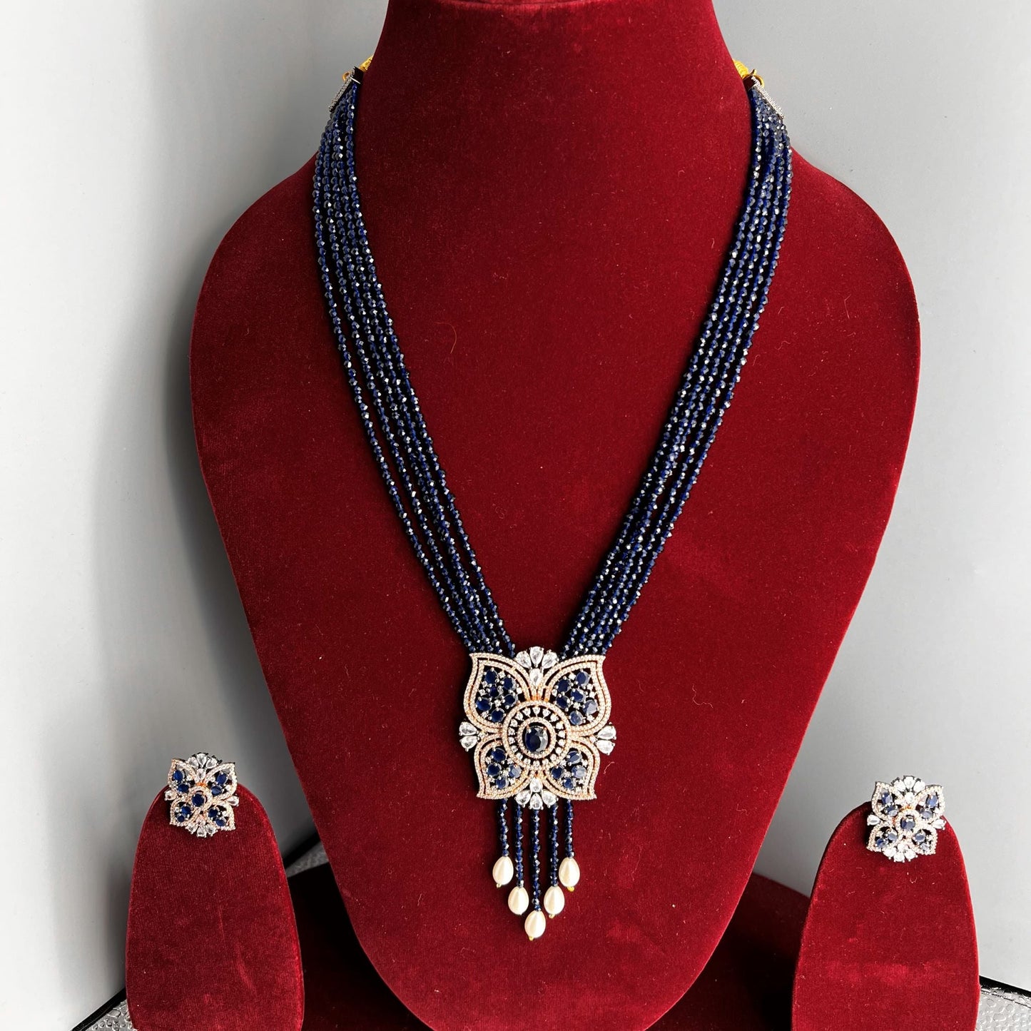 Fashion - Victorian Inspired Navy Blue AD/CZ Stone, Bead Mix Mala Necklace Set