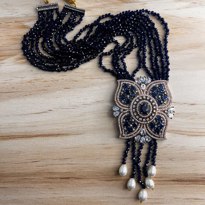 Fashion - Victorian Inspired Navy Blue AD/CZ Stone, Bead Mix Mala Necklace Set