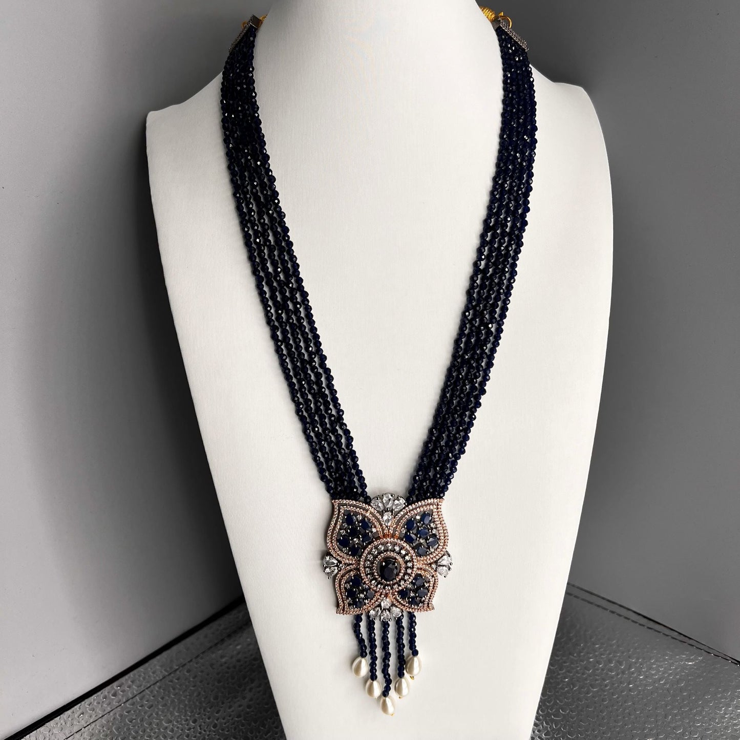 Fashion - Victorian Inspired Navy Blue AD/CZ Stone, Bead Mix Mala Necklace Set