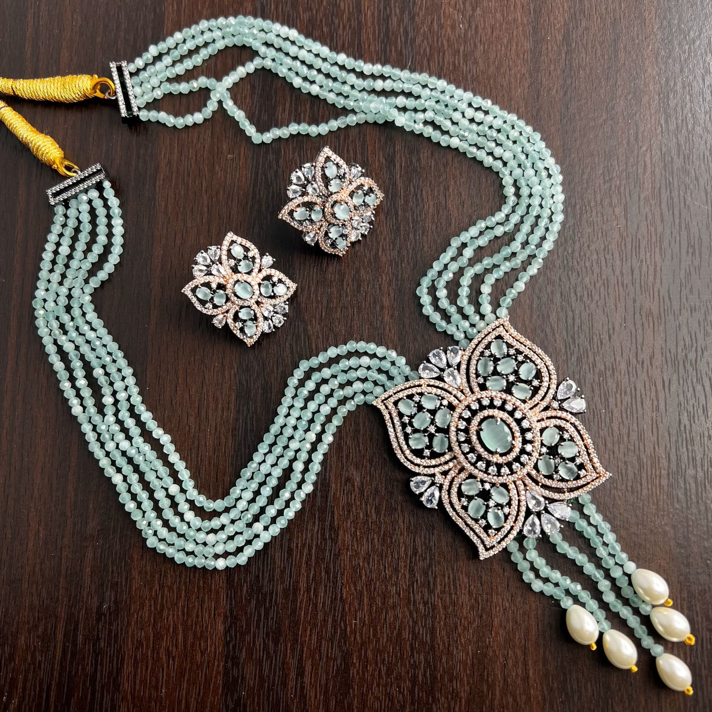 Fashion - Designer Trendy Style Mint Green Color AD/CZ, Bead Mix Necklace Set With Rose Gold Tone Plating