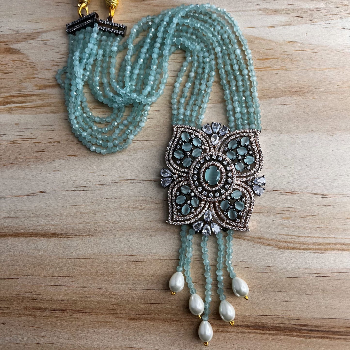 Fashion - Victorian Inspired Mint Green AD/CZ Stone, Bead Mix Mala Necklace Set