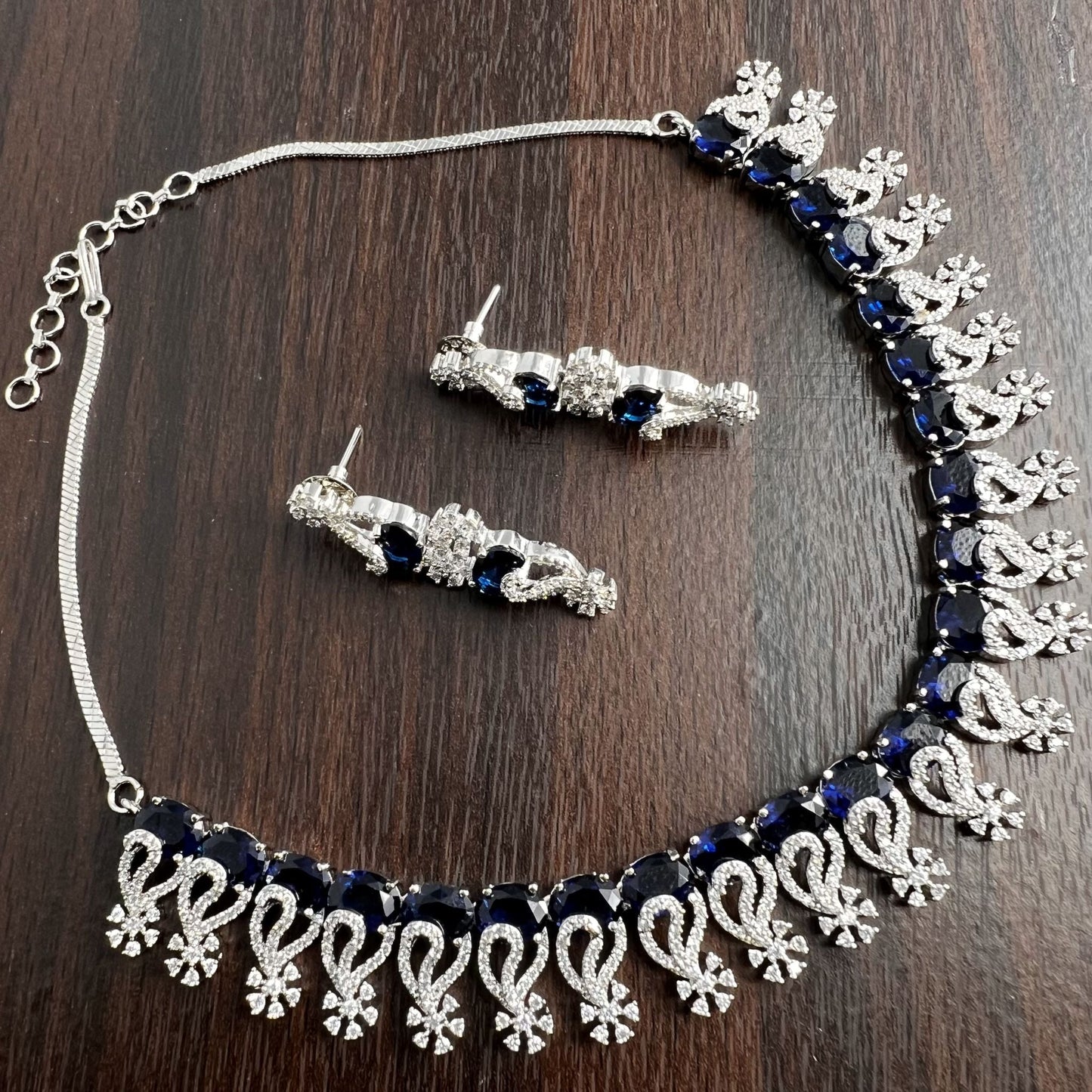 Fashion - Trendy Style Navy Blue Color AD/CZ Necklace Set With Rhodium Plating