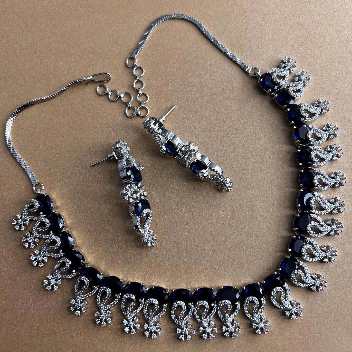 Fashion - Pretty Looking Navy Blue AD/CZ Stone Necklace Set