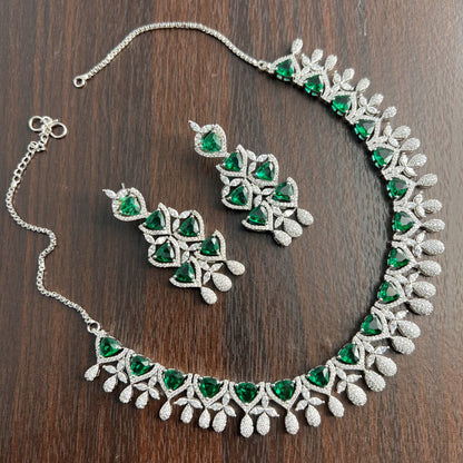 Fashion - Designer Trendy Style Green Color AD/CZ Necklace Set With Rhodium Plating