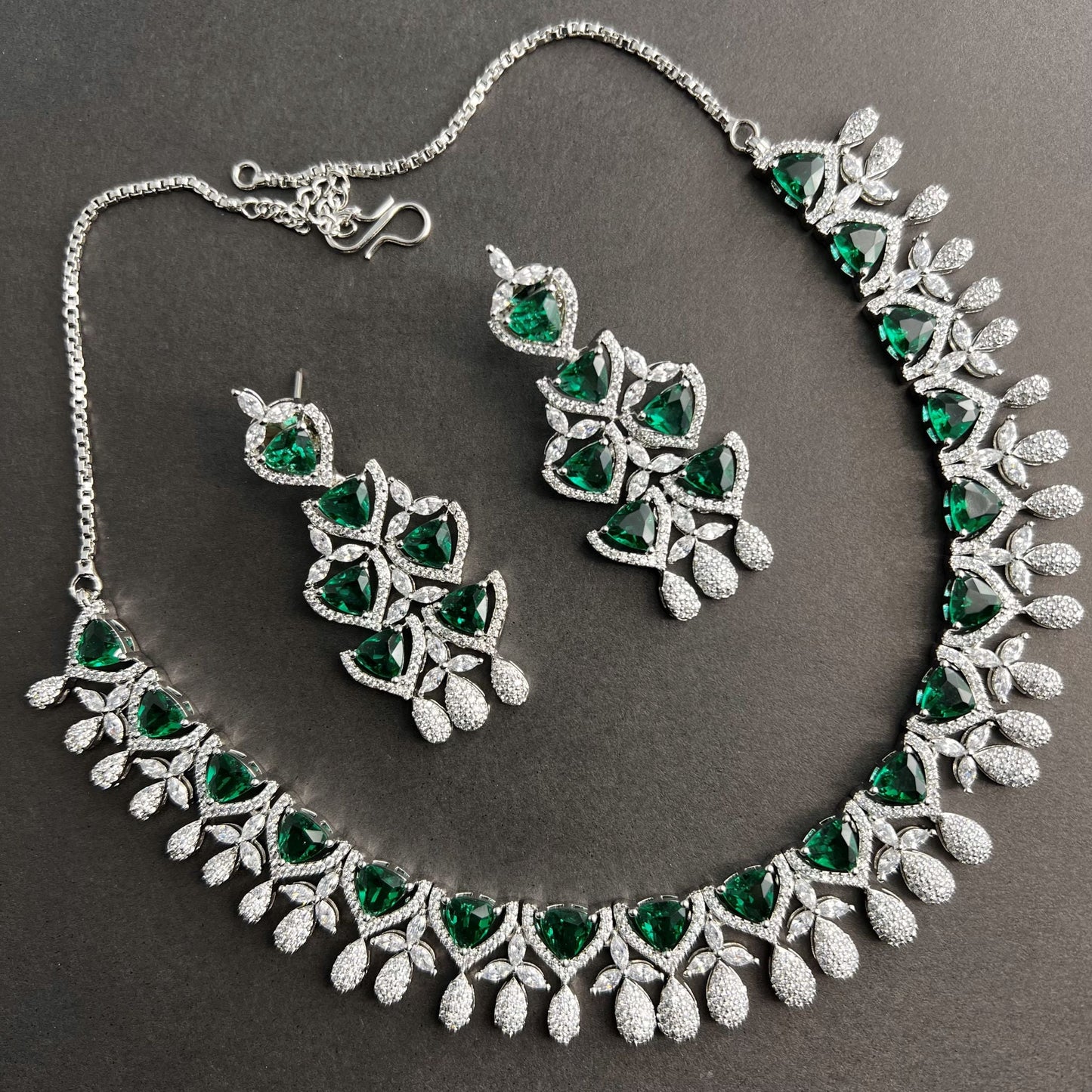 Fashion - Gorgeous Designer Emerald Green AD/CZ Stone Necklace Set